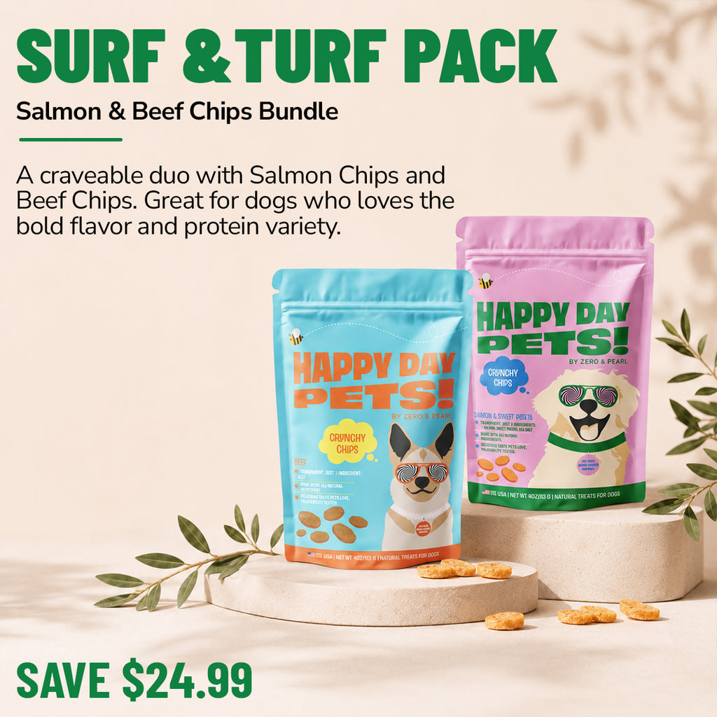 Surf & Turf Pack – Salmon & Beef chips dog treat bundle, Happy Day Pets