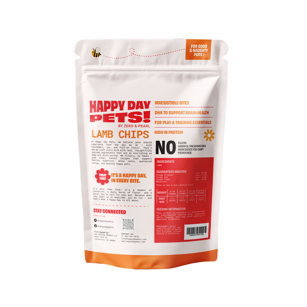 Happy Day Pets Lamb Chips, back of bag with ingredients