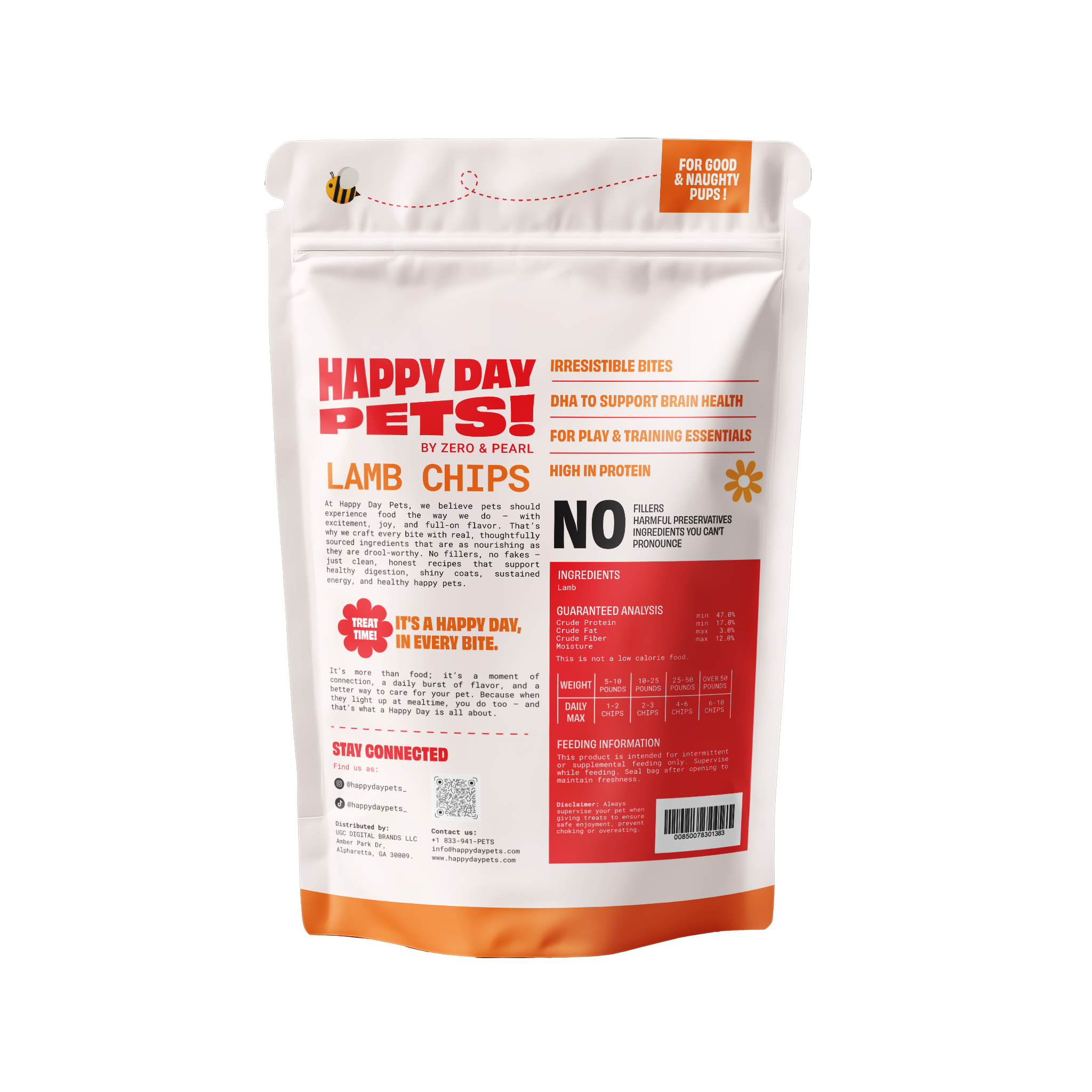 Happy Day Pets Lamb Chips, back of bag with ingredients