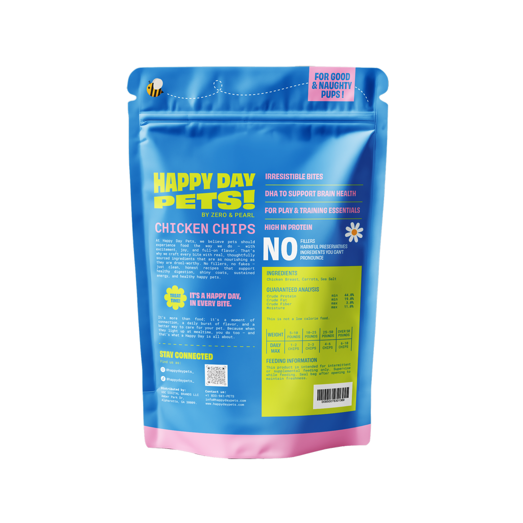 Happy Day Pets Chicken Chips, back of bag with ingredients