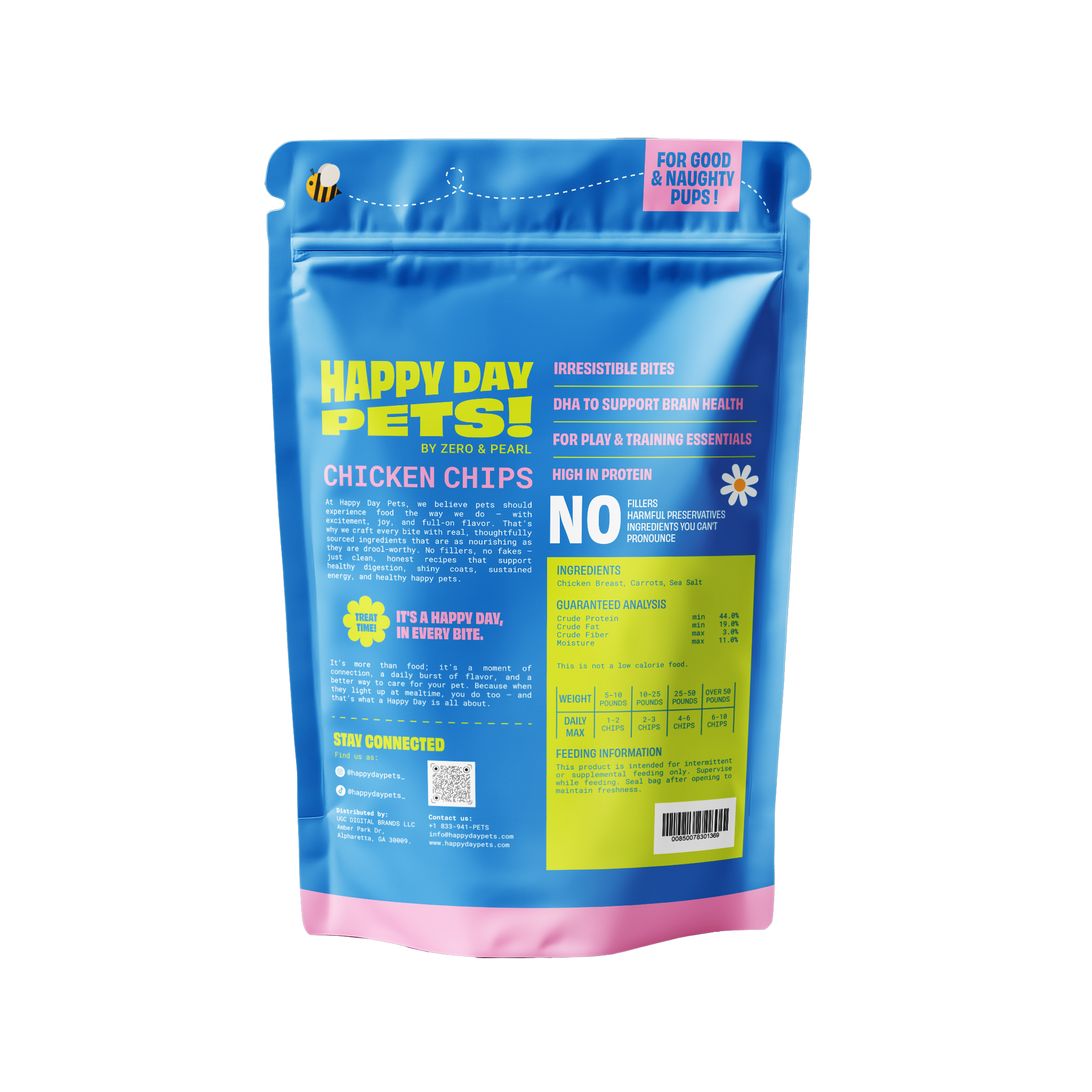 Happy Day Pets Chicken Chips, back of bag with ingredients