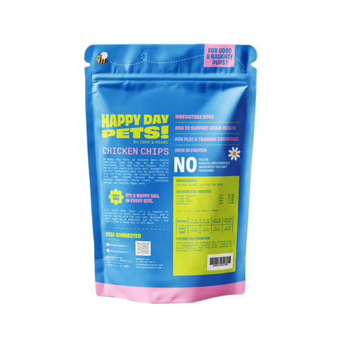Happy Day Pets Chicken Chips, back of bag with ingredients
