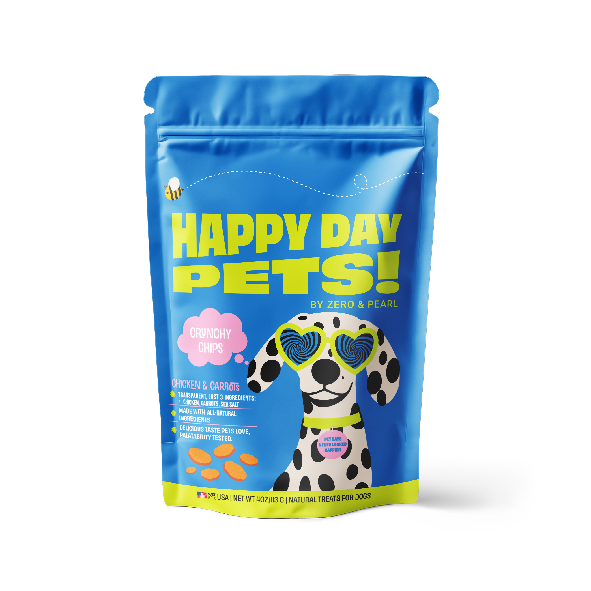 Happy Day Pets Chicken Chips – crispy chicken and carrot dog treats bag