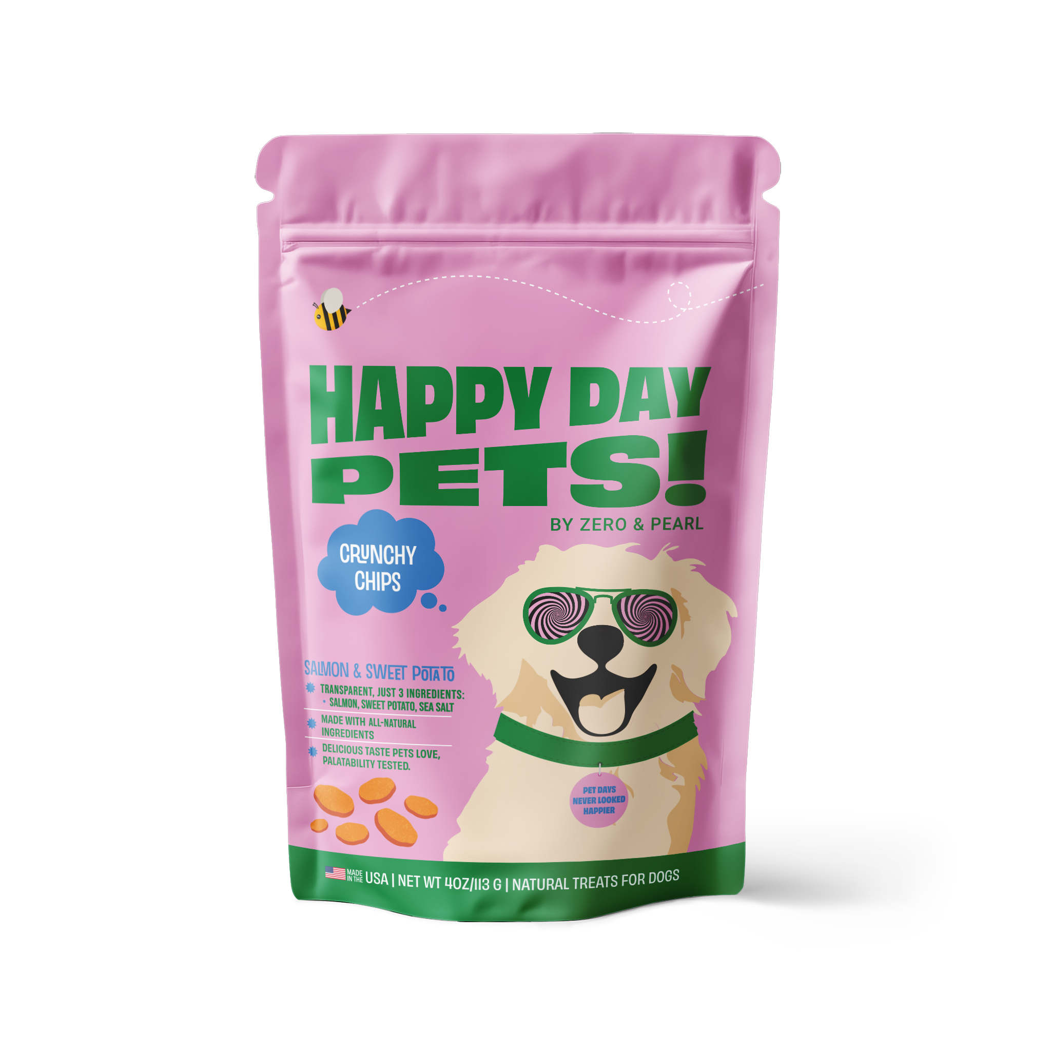 Happy Day Pets Salmon Chips – crispy salmon and sweet potato dog treats bag