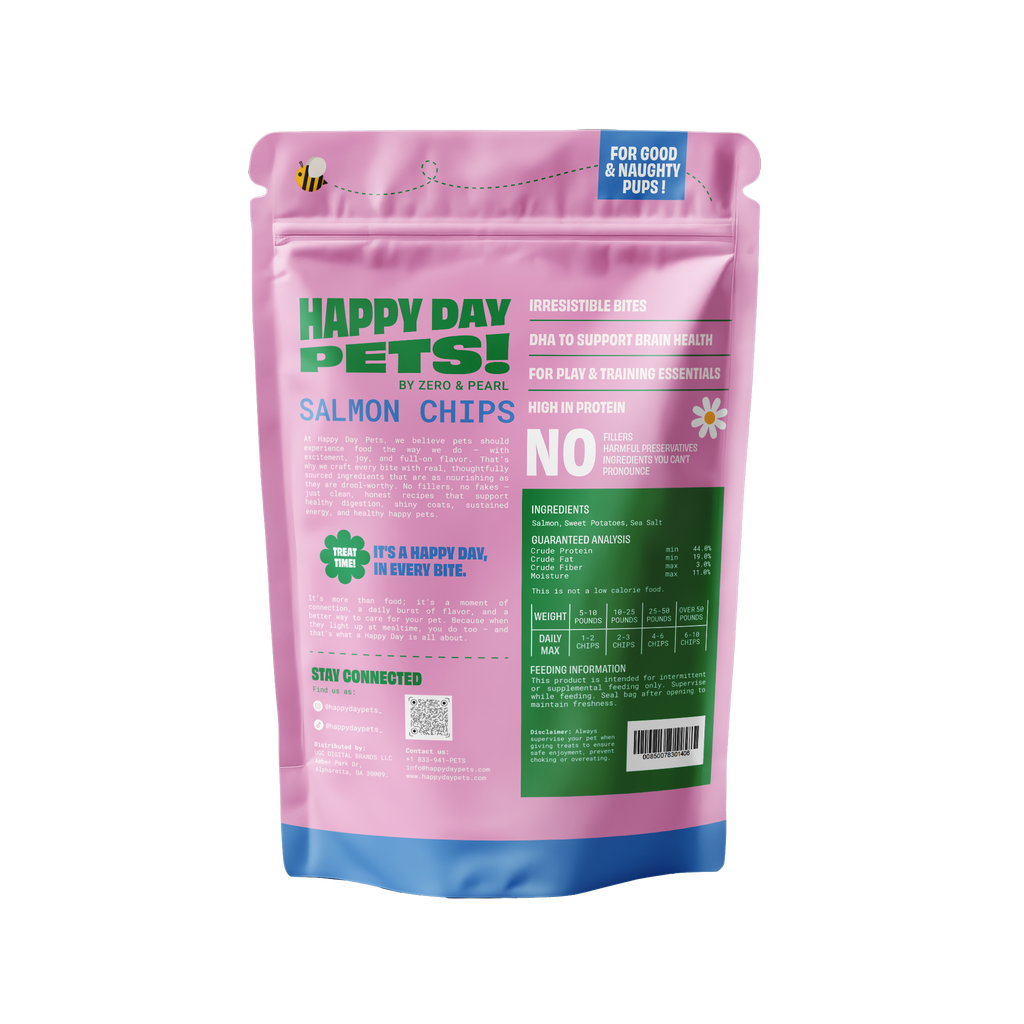 Happy Day Pets Salmon Chips, back of bag with ingredients