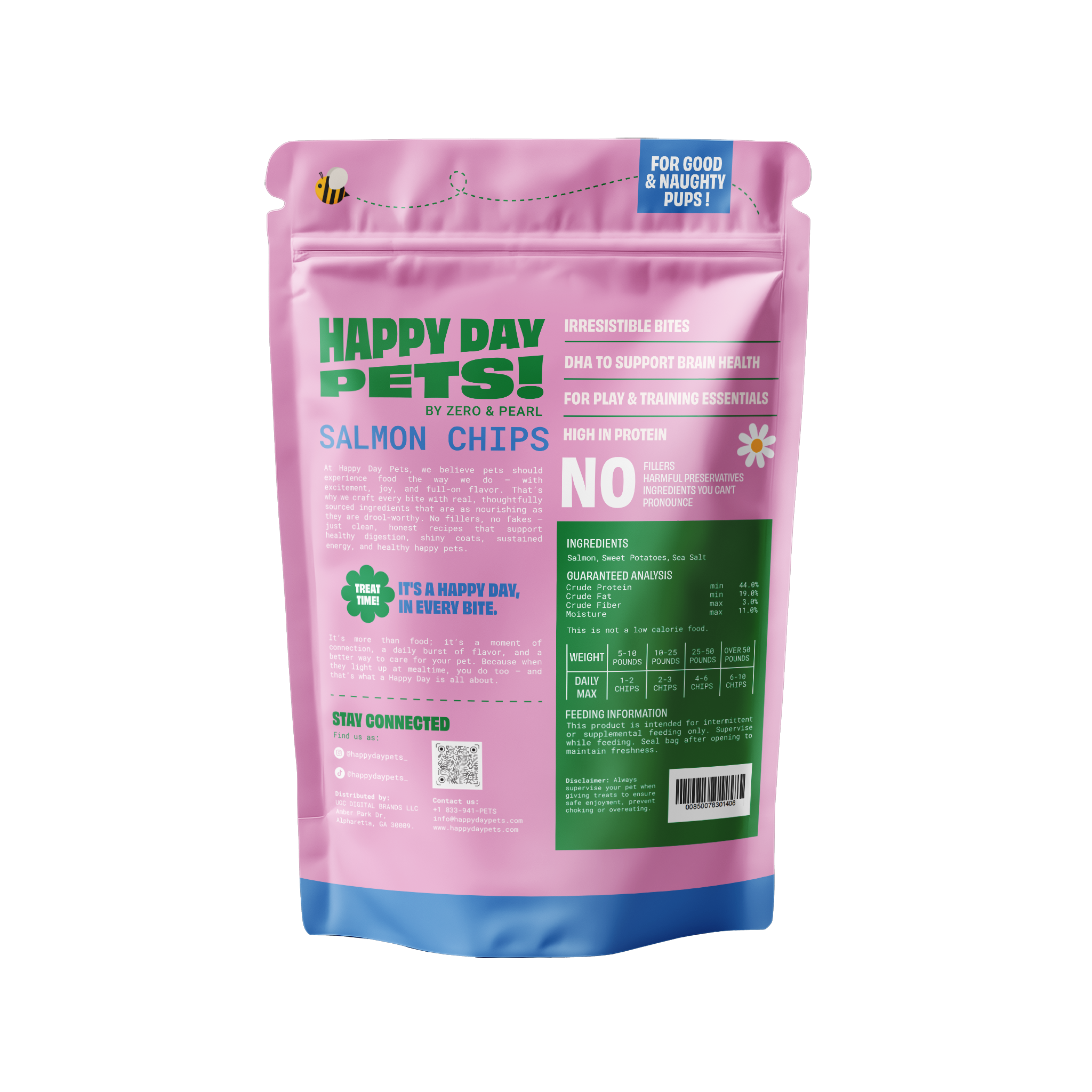 Happy Day Pets Salmon Chips, back of bag with ingredients