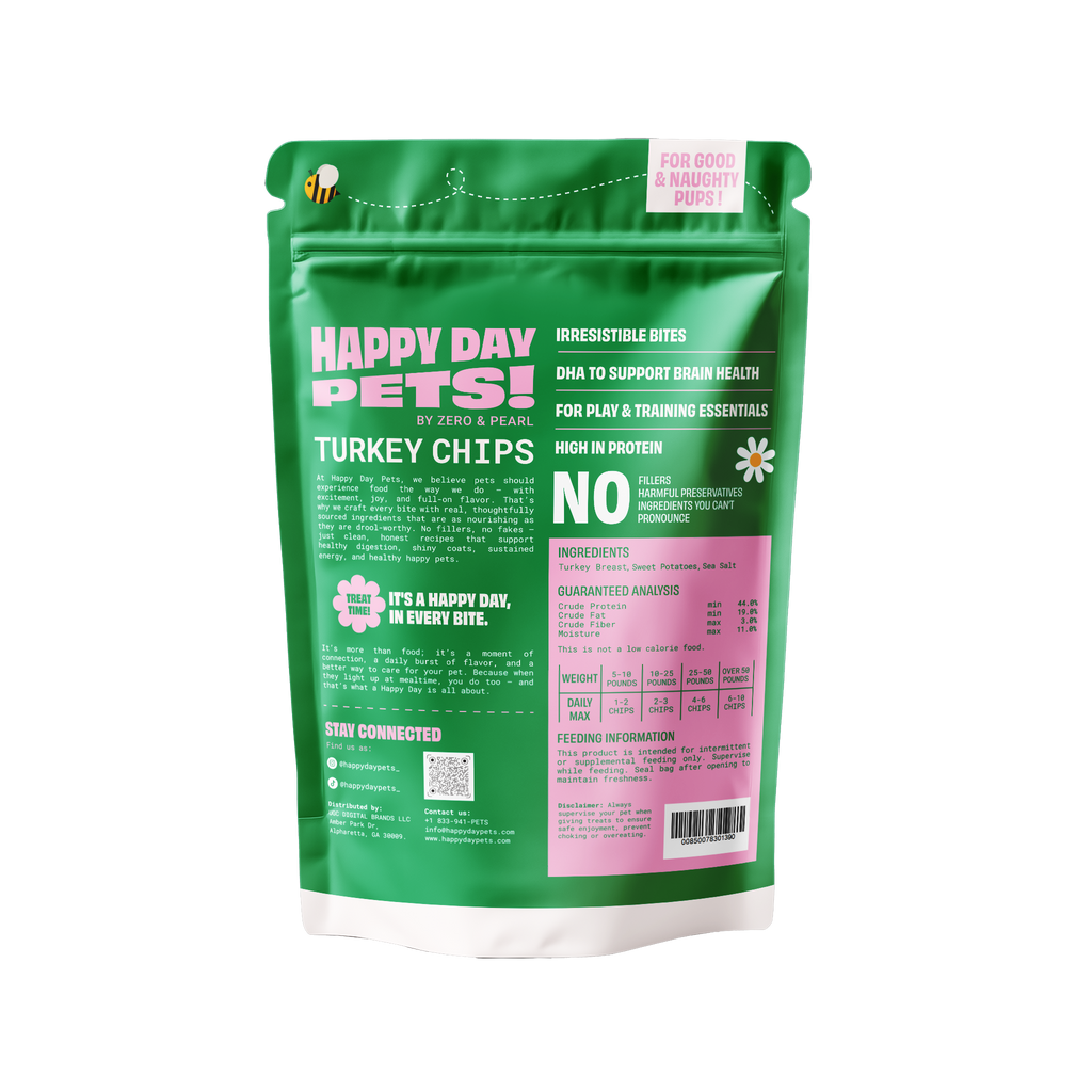Happy Day Pets Turkey Chips, back of bag with ingredients