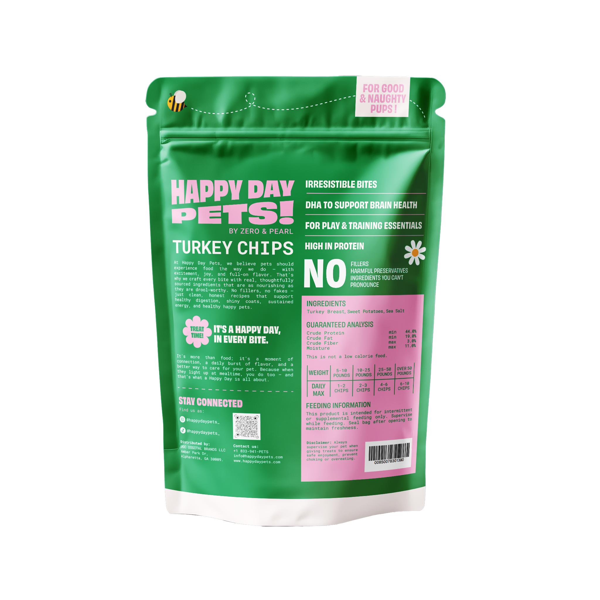 Happy Day Pets Turkey Chips, back of bag with ingredients