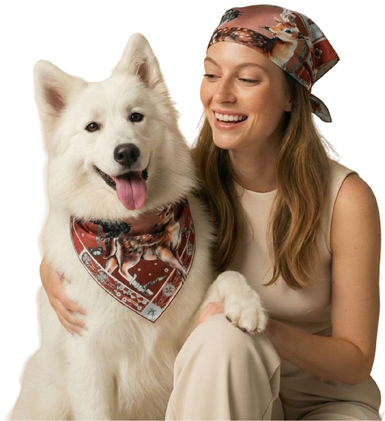 Woman and white dog wearing matching bandanas on a white background